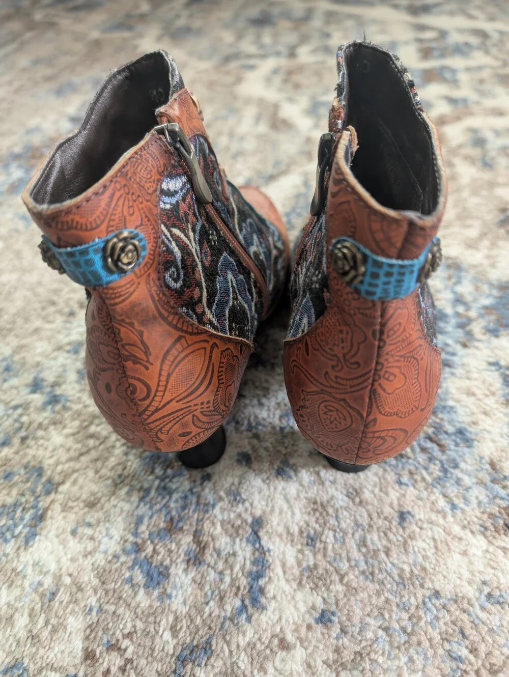 Socofy Ankle Boots Colorful Leather Boho Hippie Zip Up Bootie Womens